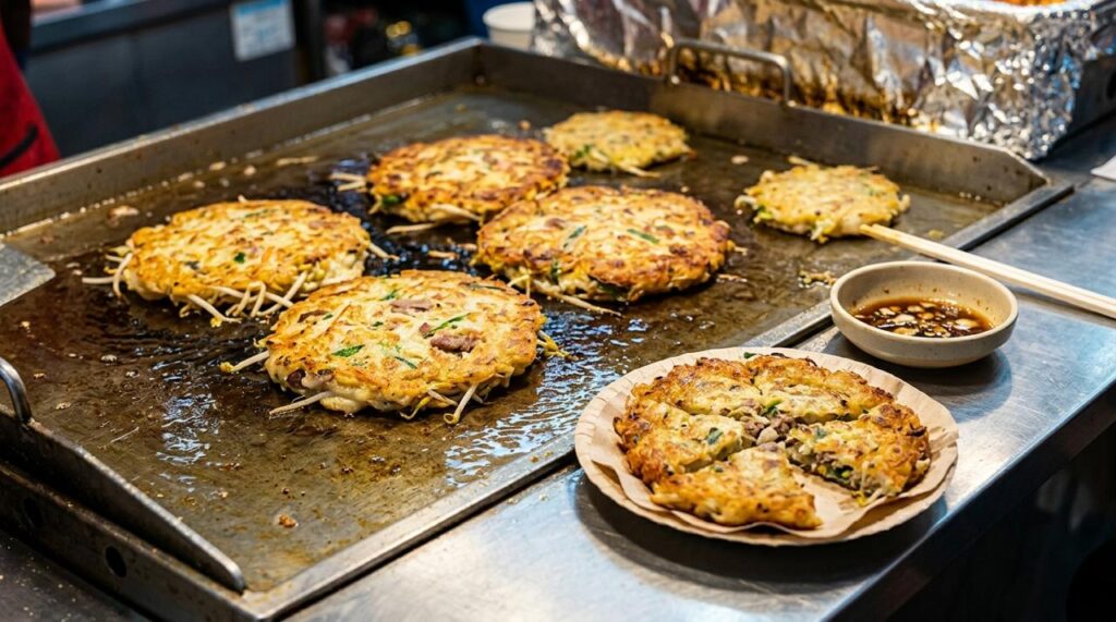 Pancake goreng renyah berisi sayuran dan daging, berwarna cokelat keemasan.