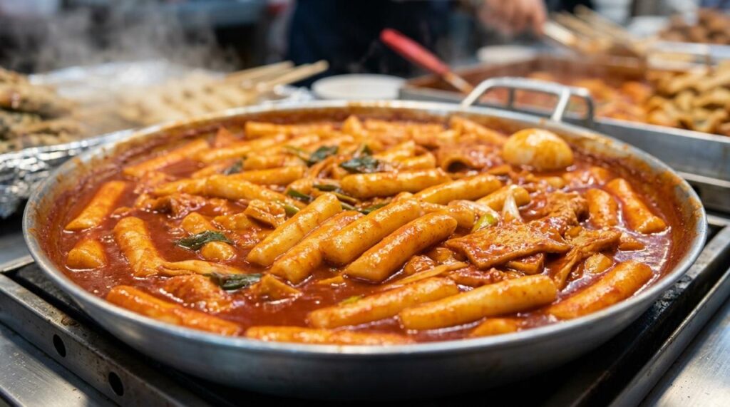 Kue beras yang kenyal, dimasak dalam saus cabai merah gochujang yang kental, manis, dan pedas.