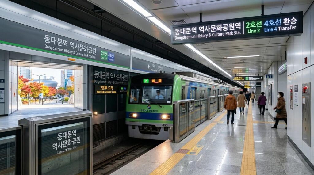 Seoul subway dengan kereta dan peron stasiun Korea.