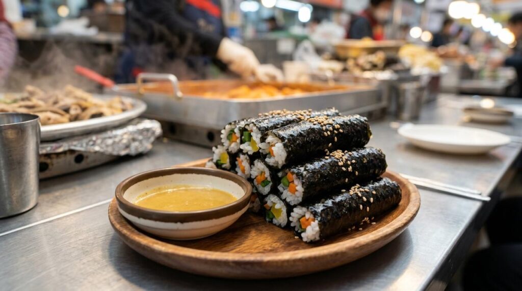 Gulungan gimbap mini isi sayuran berbalut rumput laut dan bertabur biji wijen.
