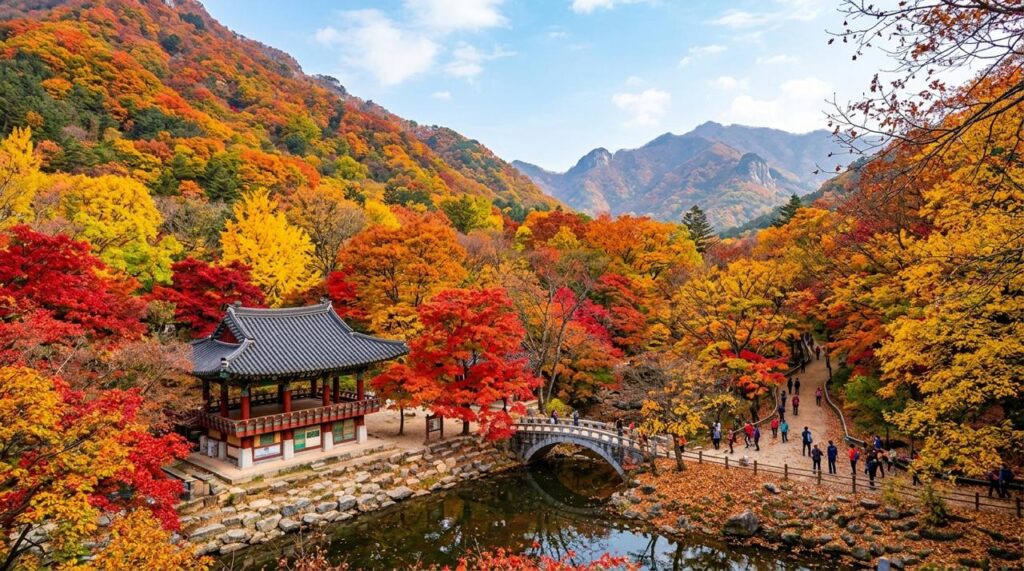 Musim gugur di Taman Nasional Naejangsan, Korea Selatan, memperlihatkan paviliun kayu tradisional Hanok di tepi kolam, jembatan batu, jalur pejalan kaki, dan pepohonan maple dengan daun merah membara serta kuning cerah.