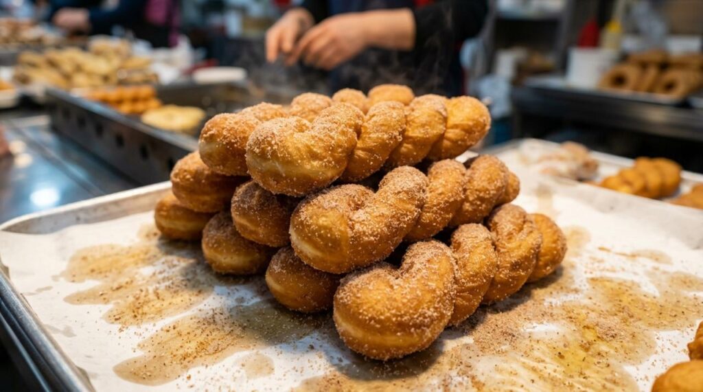 Donat kepang yang digoreng, memiliki tekstur empuk di dalam dan dilapisi gula kayu manis.