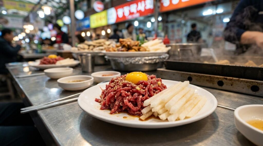Tartare daging sapi mentah yang dicincang, dibumbui kecap dan minyak wijen, lalu diatapi kuning telur.