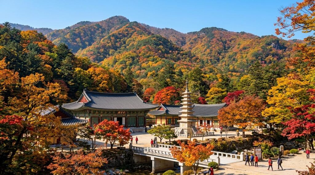 Pemandangan musim gugur di kompleks Kuil Woljeongsa yang dikelilingi pegunungan Odaesan di Korea Selatan, menampilkan bangunan kuil tradisional, pagoda batu bertingkat, jembatan beton di atas sungai.